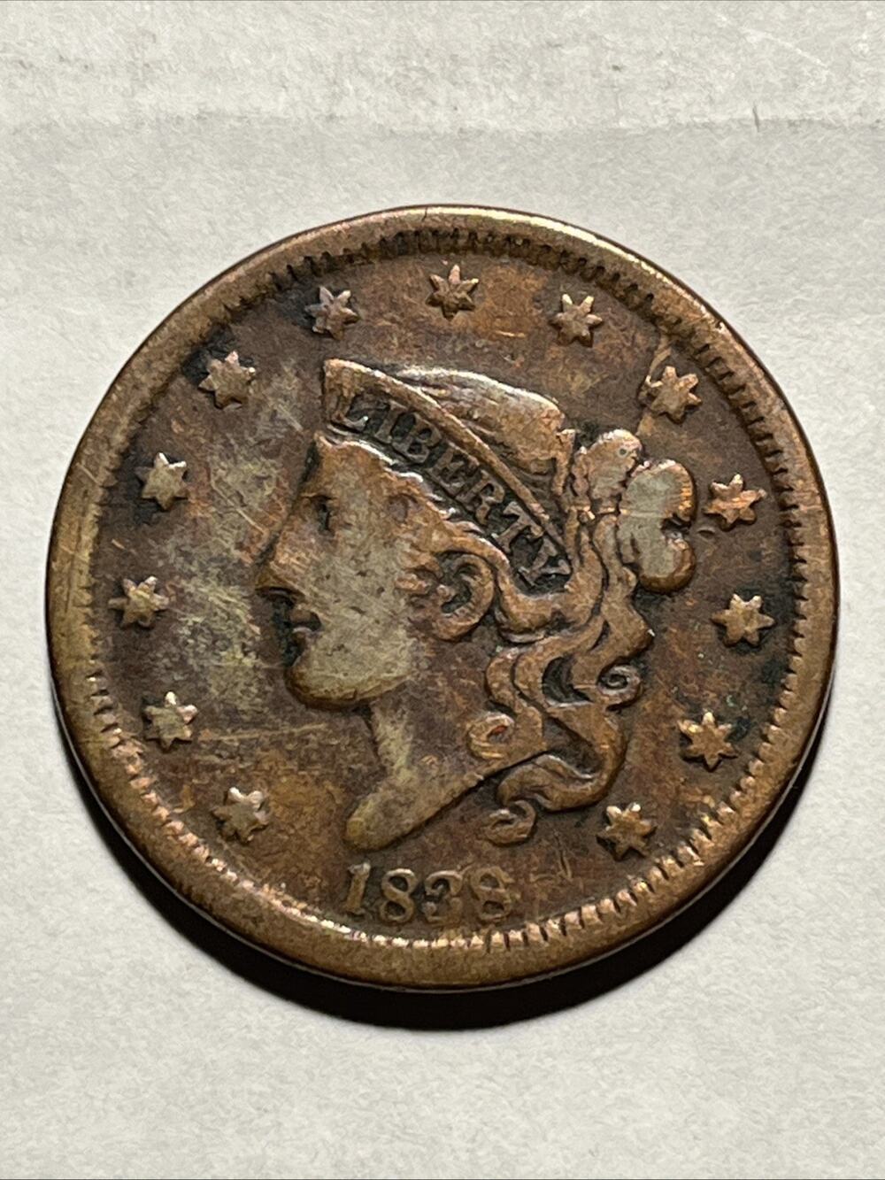 1838 Coronet Head Copper Large Cent CHOICE FINE US Coin No Reserve Auction